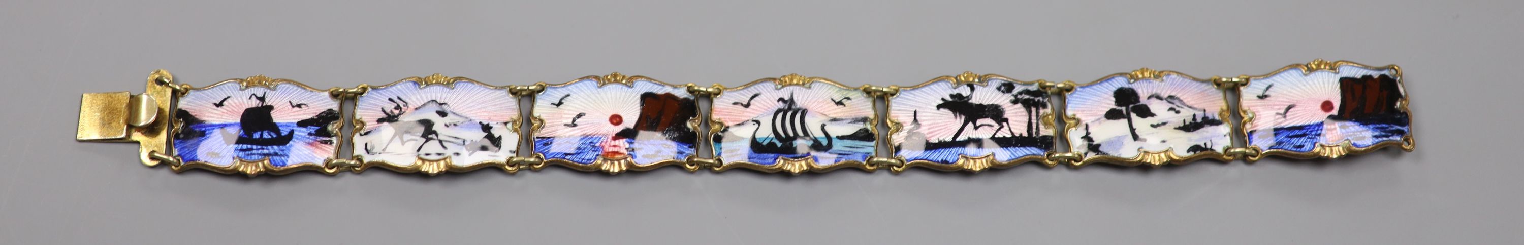 A 20th century Norwegian 830S and polychrome enamel panel set bracelet, 18.5cm